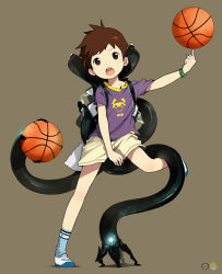 Rule 34 | 1boy, basketball, brown background, brown eyes, brown hair, child, mauveboy, open mouth, original, robot, short hair, shorts, simple background, socks