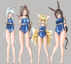 Rule 34 | 4girls, absurdres, ahoge, amiya (arknights), animal ear fluff, animal ears, arknights, arms behind back, bare arms, bare legs, bare shoulders, barefoot, blonde hair, blue eyes, blue hairband, blue one-piece swimsuit, bound, braid, braided hair rings, breasts, cat ears, cat tail, commentary request, commission, covered navel, eyjafjalla (arknights), fox ears, fox tail, full body, grey background, grey eyes, hair rings, hairband, highres, horns, long hair, looking at viewer, medium breasts, multiple girls, multiple tails, one-piece swimsuit, parted lips, pixiv commission, rabbit ears, rosmontis (arknights), seirein (htyn2888), sheep ears, sheep horns, silver hair, simple background, standing, suzuran (arknights), swimsuit, tail, tape, tied up, very long hair, yellow eyes