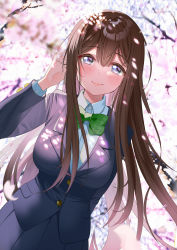 Rule 34 | 1girl, arm up, black jacket, blurry, blush, bow, bowtie, branch, breasts, brown hair, cherry blossoms, closed mouth, collared shirt, commentary request, day, depth of field, green bow, green bowtie, hair between eyes, hair blowing, hand in own hair, highres, jacket, large breasts, lips, long hair, long sleeves, looking at viewer, original, outdoors, piyopoyo, purple eyes, school uniform, shirt, sidelocks, smile, solo, spring (season), standing, uniform, white shirt