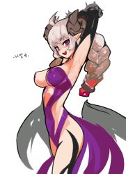 Rule 34 | 1girl, ahoge, armpits, arms up, braid, dungeon and fighter, firstw1, from side, highres, horns, looking at viewer, medium hair, nyarly the forbidden, open mouth, purple eyes, red eyes, revealing clothes, sheep horns, solo, teeth, upper body, upper teeth only, white background, white hair