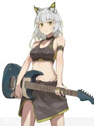 Rule 34 | 1girl, absurdres, animal ears, arknights, armband, artist name, black armband, black skirt, black sports bra, blush, cat ears, chinese commentary, commentary, electric guitar, fender stratocaster, green eyes, green hair, green nails, grey hair, guitar, highres, instrument, kal&#039;tsit (arknights), looking at viewer, medium hair, miniskirt, multicolored hair, navel, reisen13, simple background, skirt, solo, sports bra, two-tone hair, white background