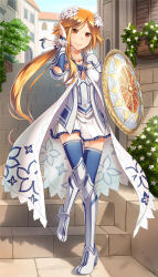 Rule 34 | 1girl, armored boots, asymmetrical hair, blue sky, blue thighhighs, boots, cleavage cutout, closed mouth, clothing cutout, commentary request, day, dress, flower, frilled dress, frills, full body, hair flower, hair ornament, hand in own hair, holding, holding shield, long hair, looking at viewer, natsuya (kuttuki), orange eyes, orange hair, outdoors, ponytail, shield, short dress, sidelocks, sky, smile, solo, stairs, standing, standing on one leg, stone stairs, thighhighs, town, venus blade, white dress, white flower, window