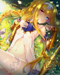 Rule 34 | 1girl, alice zuberg, armor, blonde hair, blue eyes, blush, braid, breasts, commentary, covered erect nipples, hair ornament, heterochromia, highres, hitokiri battousai, long braid, long hair, lying, mouse (animal), navel, no panties, on back, open mouth, outdoors, pink eyes, small breasts, solo, sword art online, sword art online: alicization, thighhighs, very long hair, white thighhighs