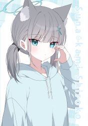 Rule 34 | 1girl, alternate hairstyle, animal ear fluff, animal ears, blue archive, blue eyes, blue hoodie, blunt bangs, character name, closed mouth, collarbone, cross hair ornament, drawstring, english text, grey hair, hair between eyes, hair ornament, half-heart hands, halo, hand up, highres, hood, hood down, hoodie, light blue background, light blush, long sleeves, looking at viewer, low twintails, medium hair, mismatched pupils, plaid, plaid background, seno (senohime), shiroko (blue archive), sidelocks, sleeves past wrists, solo, twintails, wolf ears