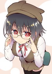 Rule 34 | 1girl, adjusting eyewear, alternate costume, bag, bespectacled, black-framed eyewear, black hair, blush, breasts, brown dress, brown hat, casual, closed mouth, commentary request, contemporary, dress, fate/grand order, fate (series), glasses, glasses day, hair between eyes, handbag, hat, looking at viewer, medium breasts, ono misao, ortlinde (fate), red eyes, red ribbon, ribbon, shirt, short hair, smile, solo, thighhighs, valkyrie (fate), white shirt
