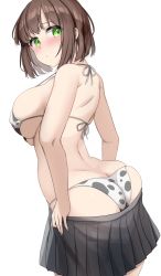 Rule 34 | 1girl, animal print, ass, bikini, blush, breasts, brown hair, butt crack, clothes pull, commentary request, cow print, eyebrows, green eyes, highres, kibihimi, large breasts, looking at viewer, nose blush, original, short hair, sideboob, simple background, skindentation, skirt, skirt pull, solo, swimsuit, twisted torso, undressing, white background