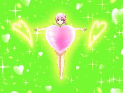 Rule 34 | 1girl, barefoot, blue eyes, chiyoda momo, closed mouth, commentary request, full body, green background, hair between eyes, hair ornament, heart, looking at viewer, machikado mazoku, outstretched arms, pink hair, shirosato, solo, sparkle, spread arms