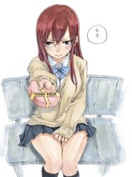 Rule 34 | 1girl, bench, black socks, blush, bow, box, breasts, brown eyes, contemporary, erza scarlet, fairy tail, gift, gift box, heart, heart-shaped box, incoming gift, kneehighs, large breasts, long hair, long sleeves, mashima hiro, pleated skirt, red hair, school uniform, sitting, skirt, sleeves past wrists, socks, solo, speech bubble, sweater, translated, valentine