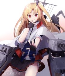 Rule 34 | 1girl, a.a (aa772), arm up, azur lane, blonde hair, blue jacket, blush, breasts, capelet, cleveland (azur lane), fingerless gloves, gloves, gradient background, hair between eyes, hair ornament, headgear, highres, jacket, long hair, looking at viewer, machinery, miniskirt, one side up, red eyes, shirt, short sleeves, side-tie peek, skirt, smile, solo, turret, very long hair, white capelet