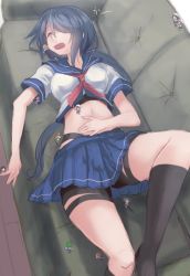 Rule 34 | 10s, 6+girls, black hair, black legwear, blue skirt, breasts, cheek pull, closed eyes, couch, fairy (kancolle), from above, gluteal fold, helmet, kako (kancolle), kantai collection, long hair, medium breasts, messy hair, midriff, mini person, minigirl, multiple girls, on couch, open mouth, pleated skirt, ponytail, remodel (kantai collection), sarashi, skirt, sleeping, socks, solo focus, underbust, utopia