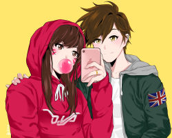 Rule 34 | 2girls, bitto34, brown eyes, brown hair, blowing bubbles, camera phone, cellphone, character name, chewing gum, closed mouth, clothes writing, collarbone, d.va (overwatch), drawstring, ear piercing, facepaint, facial mark, fingernails, hand on another&#039;s shoulder, hand up, hood, hood down, hood up, hoodie, jacket, jewelry, long hair, long sleeves, multiple girls, open clothes, open jacket, overwatch, overwatch 1, phone, piercing, reverse trap, ring, selfie, shirt, short hair, simple background, smartphone, smile, spiked hair, taking picture, tracer (overwatch), undershirt, union jack, upper body, wedding band, wedding ring, whisker markings, white shirt, yellow background, yellow eyes