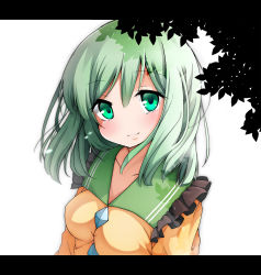 Rule 34 | 1girl, anzu ame, blush, breasts, female focus, green eyes, green hair, heart, komeiji koishi, letterboxed, matching hair/eyes, no headwear, short hair, simple background, smile, solo, touhou, white background