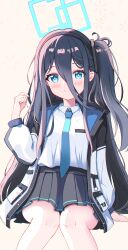 Rule 34 | 1girl, absurdly long hair, absurdres, aris (blue archive), black hair, black skirt, blue archive, blue eyes, breast pocket, collared shirt, commentary request, exusiai dust, hair between eyes, hairband, halo, highres, jacket, long hair, long sleeves, looking at viewer, multicolored clothes, multicolored jacket, necktie, one side up, open clothes, open jacket, pleated skirt, pocket, school uniform, shirt, sidelocks, simple background, sitting, skirt, smile, solo, two-tone jacket, very long hair