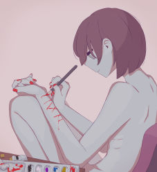 Rule 34 | 1other, absurdres, ambiguous gender, avogado6, brown eyes, brown hair, commentary, completely nude, empty eyes, highres, holding, holding paintbrush, nail polish, nude, original, paint tube, paintbrush, painting (action), red nails, simple background, tagme, tan background