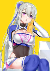 Rule 34 | 1girl, :o, armpit crease, armpit cutout, azur lane, bad id, bad pixiv id, blue thighhighs, blush, bottle, bow, braid, breasts, casablanca (azur lane), casablanca (cheer squad on break) (azur lane), cheerleader, cleavage, clothing cutout, commentary, covered collarbone, covered navel, cowboy shot, crop top, drying, groin, hair between eyes, hair bow, hand up, highres, holding, holding towel, large breasts, leotard, leotard under clothes, long hair, long sleeves, looking at viewer, midriff, miniskirt, pleated skirt, ponytail, purple bow, purple eyes, ribbed legwear, sidelocks, silver hair, simple background, sitting, skirt, solo, suzuharu toufu, sweat, taut clothes, thighhighs, towel, two-tone skirt, very long hair, water bottle, white skirt, yellow background, zettai ryouiki