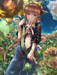 Rule 34 | 1girl, belt, blue eyes, blue sky, blush, braid, brown belt, brown hair, closed mouth, commentary request, crown braid, day, fate/grand order, fate (series), field, flower, flower field, hand up, highres, long hair, long sleeves, looking at viewer, nature, navel, outdoors, sakazakinchan, short hair, sky, sleeves past elbows, smile, solo, stomach, sunflower, sunflower field, van gogh (fate)