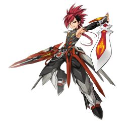 Rule 34 | 1boy, armor, armpits, artist request, belt, black hair, black pants, boots, dual wielding, earrings, elsword, elsword (character), fighting stance, full body, grin, highres, holding, holding sword, holding weapon, infinity sword (elsword), jewelry, long hair, looking at viewer, male focus, armored boots, multicolored hair, necklace, official art, pants, red eyes, red hair, shirt, sleeveless, sleeveless shirt, smile, solo, spiked hair, sword, transparent background, two-tone hair, weapon