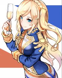 Rule 34 | 15k, 1girl, aiguillette, alcohol, blonde hair, blue eyes, blue jacket, braid, champagne, champagne flute, crown braid, cup, drinking glass, epaulettes, eyebrows, flag background, flag print, france, french flag, from above, holding, holding cup, jacket, long hair, long sleeves, looking at viewer, military, military uniform, parted bangs, richelieu (warship girls r), sash, side ponytail, smile, solo, standing, uniform, warship girls r