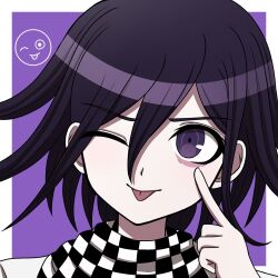 Rule 34 | 1boy, :p, ;p, black hair, border, checkered clothes, checkered scarf, closed mouth, danganronpa (series), danganronpa v3: killing harmony, hair between eyes, highres, index finger raised, kabedon, looking at viewer, male focus, oma kokichi, one eye closed, portrait, purple background, purple eyes, scarf, solo, suiren yurei, tongue, tongue out, white border