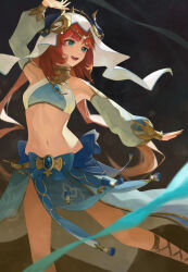 Rule 34 | 1girl, :d, absurdres, arm up, armpits, black background, blue bow, blue gemstone, blue skirt, bow, bracer, breasts, brooch, brown background, circlet, crop top, dancer, dancing, detached sleeves, fake horns, gem, genshin impact, gladiator sandals, glint, gradient background, happy, harem outfit, highres, horns, inakanoinonaka, jewelry, leg up, long hair, long sleeves, looking to the side, low twintails, navel, neck ring, nilou (genshin impact), open mouth, outstretched arm, pelvic curtain, puffy long sleeves, puffy sleeves, red hair, sandals, skirt, small breasts, smile, solo, standing, standing on one leg, stomach, tassel, teeth, thighs, twintails, upper teeth only, veil, white headwear, white sleeves