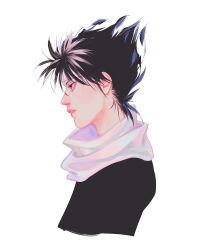Rule 34 | 1boy, black hair, black shirt, classic-tea, from side, headband, hiei, male focus, parted lips, pink lips, portrait, profile, red eyes, scarf, shirt, simple background, solo, spiked hair, upper body, white background, white scarf, yuu yuu hakusho