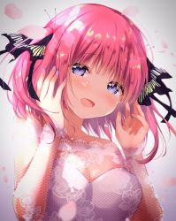 Rule 34 | 1girl, :d, amedamacon, bare shoulders, black ribbon, blue eyes, blush, breasts, cleavage, collarbone, commentary request, dress, fingernails, go-toubun no hanayome, gradient background, grey background, hair ribbon, hands up, highres, looking at viewer, medium breasts, nail polish, nakano nino, off-shoulder dress, off shoulder, open mouth, pink hair, purple nails, ribbon, see-through, smile, solo, tears, two side up, upper body, white dress