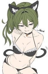 Rule 34 | 1girl, animal ears, bare shoulders, bell, bikini, black choker, breasts, cat, cat ears, cat girl, cat tail, choker, cleavage, collarbone, fangs, green hair, highres, jingle bell, looking at viewer, mangpum (taro109210), medium breasts, medium hair, meowing, o-ring, o-ring choker, purple eyes, side ponytail, simple background, small breasts, solo, sousou no frieren, stomach, swimsuit, tail, ubel (sousou no frieren), upper body, white background