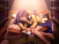 Rule 34 | 00s, 1girl, barefoot, blue hair, book, clannad, feet, hair bobbles, hair ornament, highres, ichinose kotomi, key (company), long hair, lying, mutsuki (moonknives), on side, panties, pantyshot, pillow, school uniform, sleeping, solo, thermos, toes, twintails, two side up, underwear, upskirt, violin case