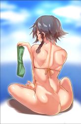 Rule 34 | 10s, 1girl, ass, ayakumo, bare shoulders, barefoot, bikini, bikini top only, black hair, blue sky, blush, bottomless, braid, brown eyes, cloud, commentary request, day, from behind, girls und panzer, grin, highres, indian style, looking at viewer, looking back, parted lips, pepperoni (girls und panzer), shiny skin, short hair, shorts, unworn shorts, shoulder blades, side braid, sitting, skindentation, sky, smile, solo, swimsuit, teeth, toes