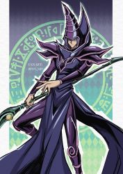 Rule 34 | 1boy, boots, closed mouth, commentary request, dark magician, duel monster, hat, highres, holding, holding staff, long hair, male focus, pillarboxed, purple hair, smile, solo, soya (sys ygo), staff, twitter username, wizard hat, yu-gi-oh!