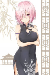 Rule 34 | 1girl, alternate costume, armband, black thighhighs, blush, breasts, china dress, chinese clothes, closed mouth, covered navel, cowboy shot, dress, fate/grand order, fate (series), hair over one eye, hand on own chest, heart, heart-shaped pupils, highres, large breasts, looking at viewer, mash kyrielight, pelvic curtain, pink hair, purple eyes, saku (kudrove), short hair, sidelocks, smile, solo, symbol-shaped pupils, thighhighs