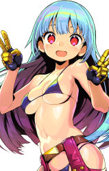 Rule 34 | 1girl, :d, bikini, blue bikini, blue hair, breasts, double v, kula diamond, long hair, looking at viewer, medium breasts, navel, onono imoko, open mouth, red eyes, simple background, smile, solo, swimsuit, the king of fighters, v, white background