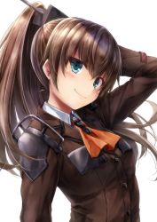 Rule 34 | 10s, 1girl, aqua eyes, arm up, ascot, blush, brown hair, buttons, kantai collection, kumano (kancolle), long hair, long sleeves, looking at viewer, ponytail, school uniform, simple background, smile, solo, suien, upper body, white background