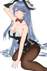 Rule 34 | 1girl, 2023, absurdres, animal ears, arm behind head, arm up, armpits, bare shoulders, black leotard, blue hair, bow, bowtie, braid, breasts, brown pantyhose, cleavage, closed mouth, collarbone, detached collar, dot mouth, dot nose, fake animal ears, fake tail, foot out of frame, gradient eyes, highres, kbs0987654, large breasts, leotard, light blush, long hair, looking at viewer, multicolored eyes, multicolored hair, new year, original, pantyhose, pink eyes, playboy bunny, rabbit ears, rabbit tail, simple background, sitting, smile, solo, strapless, strapless leotard, tail, very long hair, white background