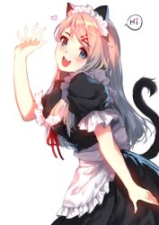 Rule 34 | 1girl, :d, apron, arm at side, black dress, black tail, blue eyes, blush, breasts, caidychen, cat tail, cleavage, commentary request, dress, frills, heart, highres, long hair, maid, medium breasts, neck ribbon, open mouth, original, pink hair, red ribbon, ribbon, short sleeves, simple background, smile, solo, tail, waist apron, white apron, white background, white frills