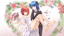 Rule 34 | 2girls, absurdres, arknights, bad id, bad pixiv id, bare legs, barefoot, blue eyes, blue hair, bouquet, bow, bowtie, bride, carrying, da akana xiv, demon horns, detached wings, dress, elbow gloves, energy wings, exusiai (arknights), fallen angel, feet, female focus, flower, formal, gloves, halo, highres, horns, long hair, matching hair/eyes, mostima (arknights), multiple girls, no shoes, princess carry, red eyes, red hair, short hair, soles, suit, toes, tuxedo, wedding, wedding dress, white dress, wife and wife, wings, yuri