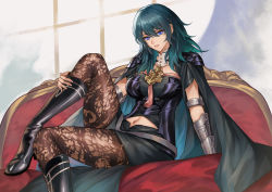 Rule 34 | 1girl, absurdres, aqua hair, black skirt, blue eyes, boots, breasts, byleth (female) (fire emblem), byleth (fire emblem), cape, cloud, couch, fire emblem, fire emblem: three houses, gauntlets, high heel boots, high heels, highres, kacyu, knee boots, large breasts, leg up, long hair, midriff, navel, nintendo, pantyhose, parted lips, patterned clothing, simple background, sitting, skirt, solo, window