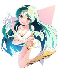 Rule 34 | 1girl, blush, boots, breasts, electricity, fangs, green hair, highres, horns, long hair, looking at viewer, lum, mani (second-dimension), medium breasts, open mouth, orange eyes, panties, smile, solo, strapless, tiger stripes, tube top, underwear, urusei yatsura, very long hair