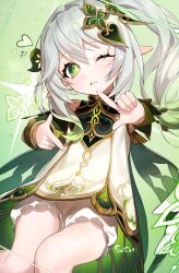 Rule 34 | 1girl, artist name, bloomers, cape, commentary, detached sleeves, dress, finger frame, genshin impact, gradient hair, green cape, green eyes, green hair, grey background, hair between eyes, hair ornament, heart, highres, knees together feet apart, leaf, leaf hair ornament, long hair, looking at viewer, multicolored hair, nahida (genshin impact), one eye closed, parted lips, pointy ears, sei!cho, short dress, side ponytail, sidelocks, sitting, sleeveless, sleeveless dress, solo, sparkle, symbol-shaped pupils, two-tone hair, underwear, white bloomers, white dress, white hair