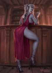 Rule 34 | 1girl, archilen othreleth, artist name, ass, back tattoo, bar (place), black footwear, braid, braided ponytail, breasts, colored skin, dark elf, dress, drink, elf, feet, grey skin, high heels, indoors, leaning, leaning forward, leg lift, legs, long hair, looking at viewer, looking back, patreon username, pointy ears, quasart, red dress, red eyes, revealing clothes, sandals, seductive smile, side slit, sideboob, smile, solo, spider tattoo, stiletto heels, strappy heels, tattoo, the elder scrolls, toeless footwear, toes, toned, watermark, web address, white hair, wide hips