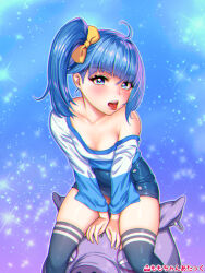 Rule 34 | 1girl, absurdres, ahoge, blue eyes, blue hair, blue shirt, blue skirt, blue thighhighs, bow, breasts, commentary, cut bangs, double horizontal stripe, hair bow, highres, hirogaru sky! precure, kabaton (precure), long sleeves, looking at viewer, medium hair, mesugaki, microskirt, momo-chan atakku, off shoulder, open mouth, over-kneehighs, pencil skirt, precure, shirt, side ponytail, single sidelock, sitting, sitting on head, sitting on person, skirt, small breasts, solo, sora harewataru, star (symbol), starry background, thighhighs, tongue, tongue out, v arms, yellow bow