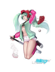 Rule 34 | 1girl, absurdres, bad id, bad pixiv id, baseball, baseball bat, baseball glove, blue eyes, blue hair, breasts, cleavage, full body, hatsune miku, highres, kneehighs, large breasts, looking at viewer, navel, parted lips, pink socks, socks, solo, twintails, underboob, uronte, vocaloid