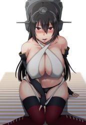 Rule 34 | 10s, 1girl, bare shoulders, between legs, bikini, bikini pull, black hair, blush, breasts, cleavage, clothes pull, commentary request, covered erect nipples, criss-cross halter, elbow gloves, fingerless gloves, gloves, hair between eyes, halterneck, hand between legs, headgear, ikeshita moyuko, kantai collection, kantai collection (anime), knees together feet apart, large breasts, long hair, looking at viewer, nagato (kancolle), navel, open mouth, red eyes, shadow, sidelocks, sitting, sketch, solo, swimsuit, thighhighs, white bikini