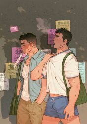 Rule 34 | 2boys, bara, black hair, blue shirt, blue shorts, brown pants, bulge, closed eyes, clothes pull, cowboy shot, dappled sunlight, dark-skinned male, dark skin, day, dripping, english text, flyers (death parade), from side, green bag, hand in pocket, highres, male focus, midriff peek, mouth hold, multiple boys, muscular, muscular male, navel, open clothes, open mouth, open shirt, original, outdoors, pants, pectoral cleavage, pectorals, pulled by self, shadow, shan (shanshankuo), shirt, shirt pull, short hair, shorts, sideburns, sunlight, sweat, thick eyebrows, walking, white shirt