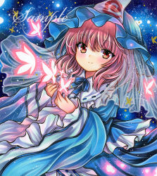 Rule 34 | 1girl, blue background, blue bow, blue hat, blue kimono, blue ribbon, blush, bow, bowtie, bug, butterfly, closed mouth, frilled shirt collar, frilled sleeves, frills, hair between eyes, hat, insect, japanese clothes, kimono, light particles, long sleeves, looking at viewer, marker (medium), medium hair, mob cap, neck ribbon, pink hair, red eyes, ribbon, ribbon-trimmed kimono, ribbon trim, rui (sugar3), saigyouji yuyuko, sample watermark, smile, solo, touhou, traditional media, triangular headpiece, upper body, veil, watermark, wide sleeves