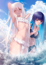 Rule 34 | 2girls, absurdres, armpits, arms behind head, asaba0327, bikini, black bikini, blue eyes, blue hair, blue sky, blush, braid, breasts, brown eyes, cleavage, cloud, commentary request, day, french braid, frilled bikini, frills, gradient hair, grin, groin, hair between eyes, hand up, highres, large breasts, long hair, looking at viewer, medium breasts, multicolored hair, multiple girls, o-ring, o-ring top, ocean, one eye closed, original, outdoors, revision, side-tie bikini bottom, sidelocks, silver hair, sky, small breasts, smile, standing, stomach, swimsuit, tareme, wading, white bikini