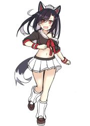 Rule 34 | 1girl, animal ears, atsushi (aaa-bbb), azur lane, black hair, blush, breasts, cleavage, fang, hair between eyes, highres, leg up, loafers, long hair, looking at viewer, loose socks, midriff, multicolored hair, navel, off shoulder, open mouth, pleated skirt, red eyes, red ribbon, ribbon, school uniform, scrunchie, serafuku, shigure (azur lane), shoes, short sleeves, simple background, skirt, smile, socks, solo, tail, two-tone hair, white background, white skirt, wolf ears, wolf tail