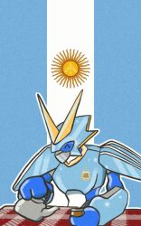 Rule 34 | 1boy, argentina, argentinian flag, armor, blue skin, closed eyes, colored skin, digimon, digimon (creature), happy, highres, magnamon, male focus, meme, original, solo, white skin