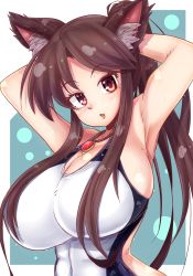 Rule 34 | 1girl, absurdres, animal ears, breasts, brooch, brown hair, cleavage, competition swimsuit, highleg, highleg swimsuit, highres, imaizumi kagerou, jewelry, large breasts, long hair, monster girl, norori, one-piece swimsuit, red eyes, solo, swimsuit, touhou, wolf ears
