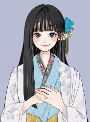 Rule 34 | 1girl, actor, awatsu mai, black eyes, black hair, blue flower, blue kimono, blunt bangs, closed mouth, commentary request, floral print, flower, grey background, hair flower, hair ornament, hands up, haori, highres, japanese clothes, kimono, long hair, long sleeves, looking at viewer, mole, mole under eye, own hands together, print kimono, real life, sally (allogkk), simple background, single sidelock, smile, solo, upper body, white flower, wide sleeves